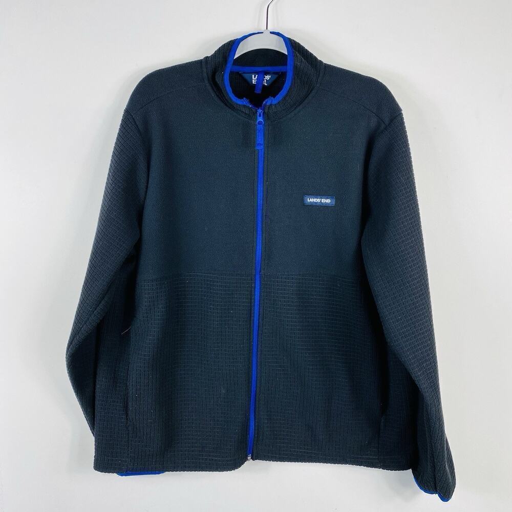 Lands End Size XL Grid Fleece Full Zip Jacket Black Blue
